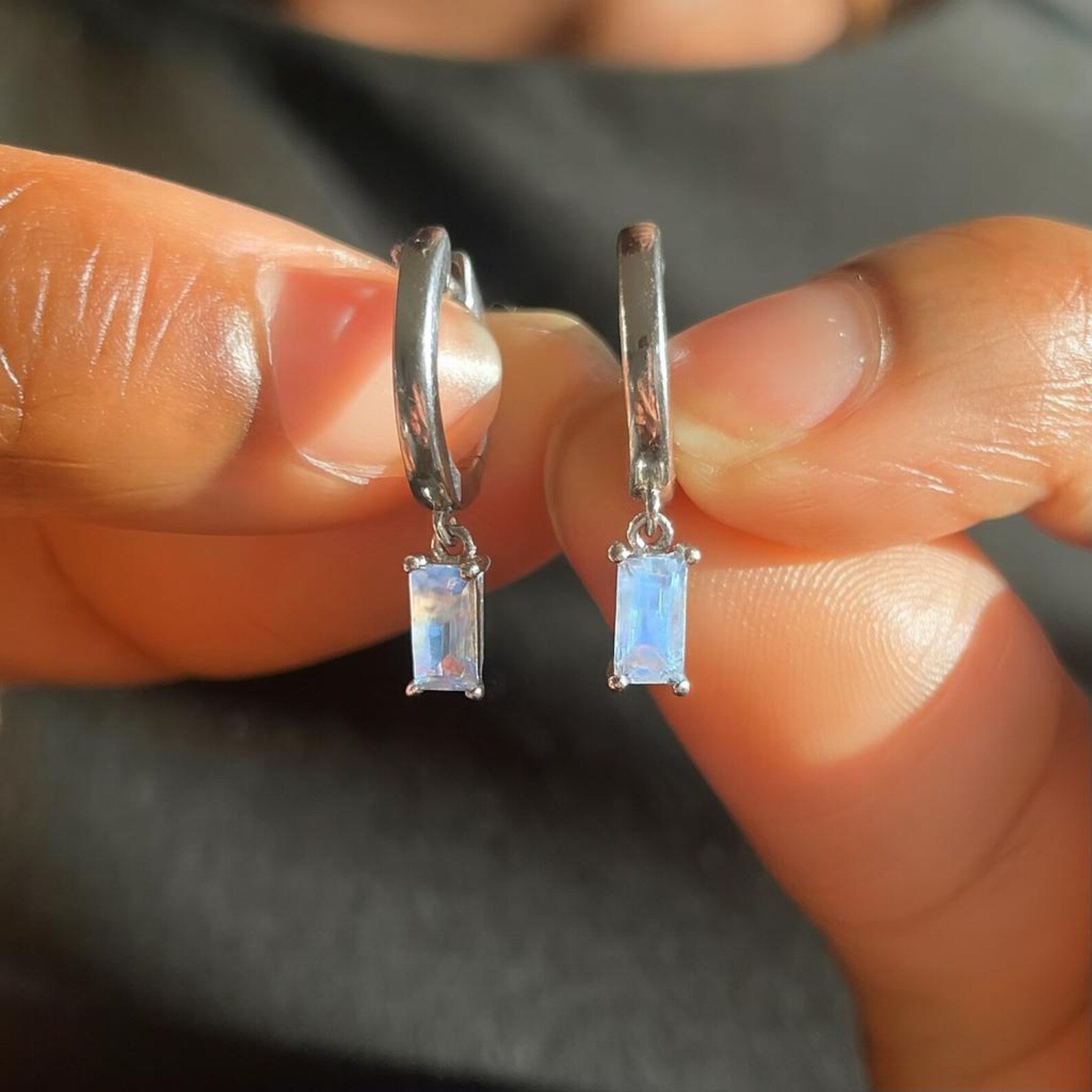 Moonstone Baguette Hoop Earrings