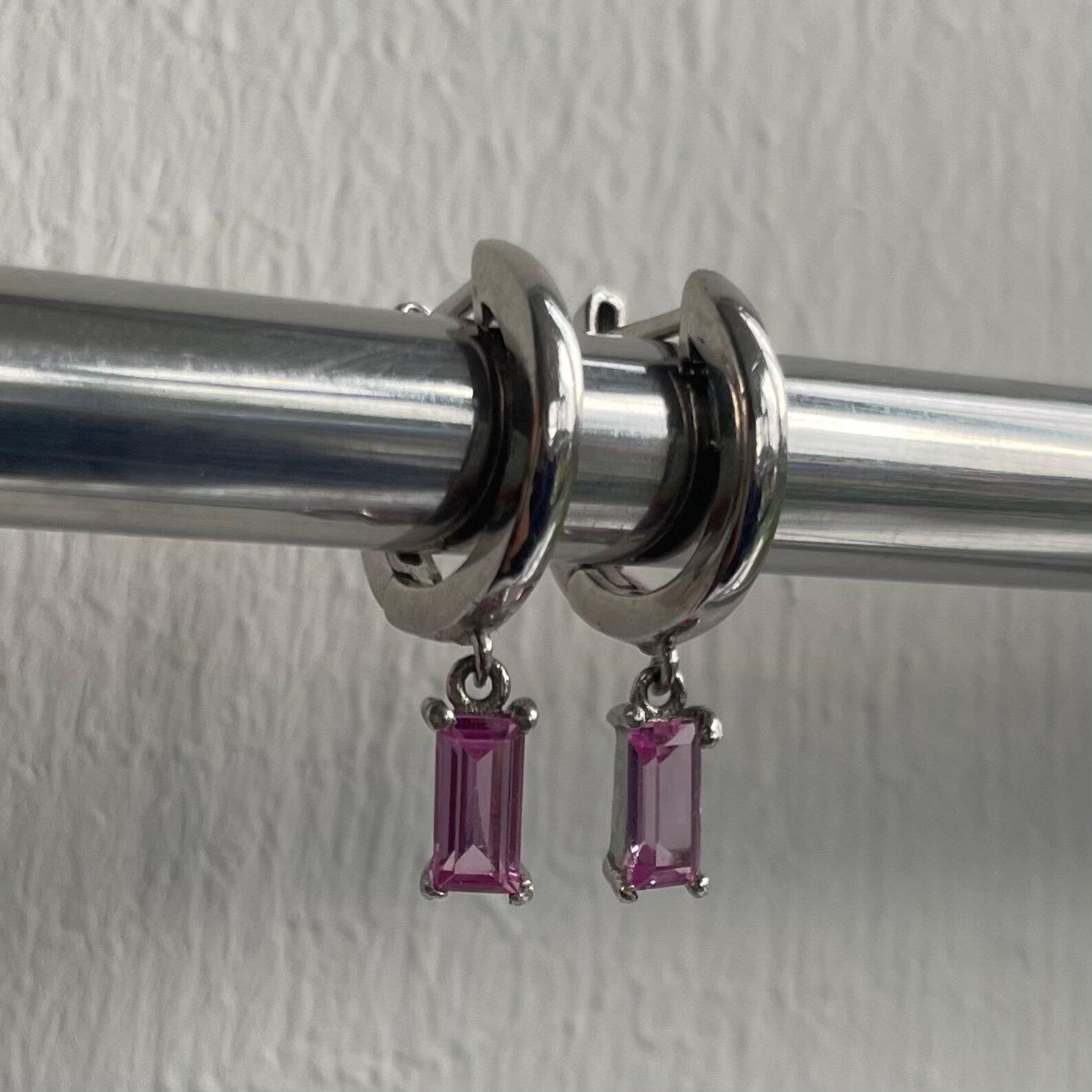 Pink Sapphire Baguette Hoop Earrings