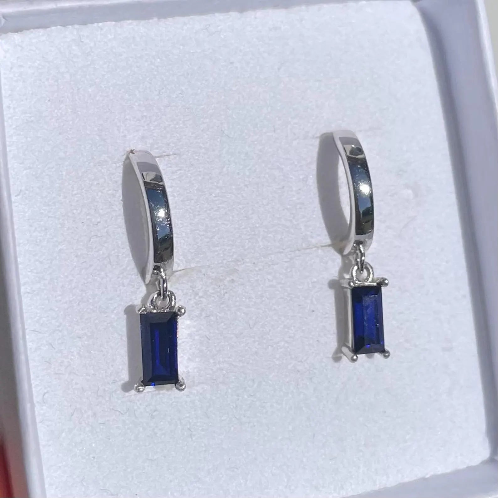 Blue Sapphire Dangle Baguette Hoop Earrings